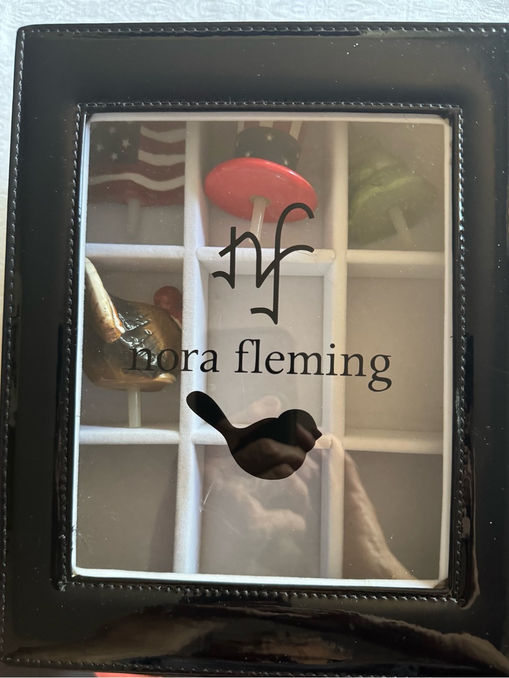 Nora Fleming Retired Mini’s(4) & Black w/White Velvet Lining Shadow Box Case